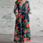 Rear view of maxi dress showing V-neckline and patchwork design from back