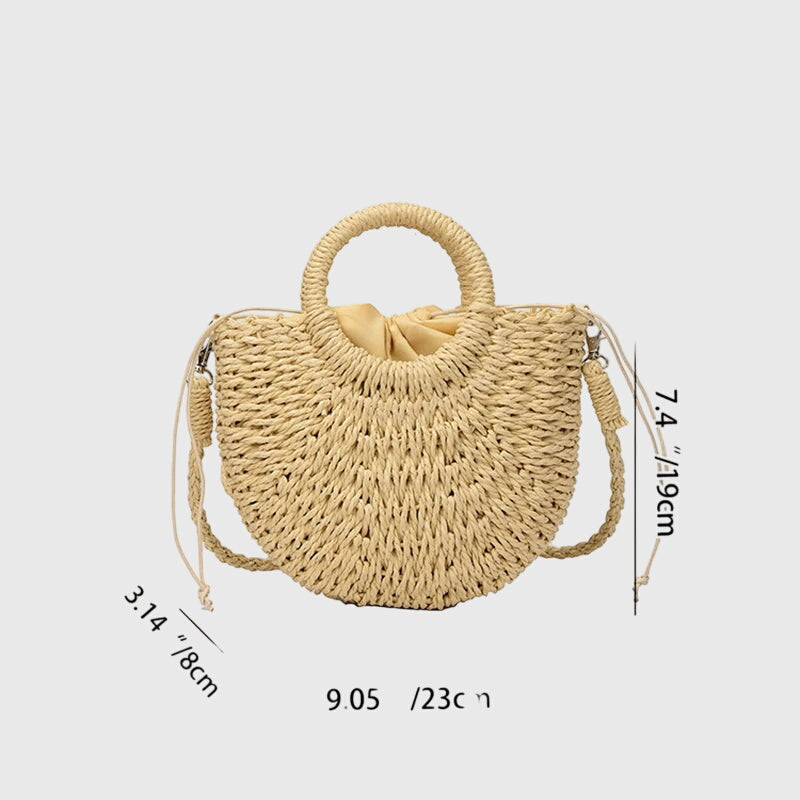 Half-moon shaped straw bag side profile angle