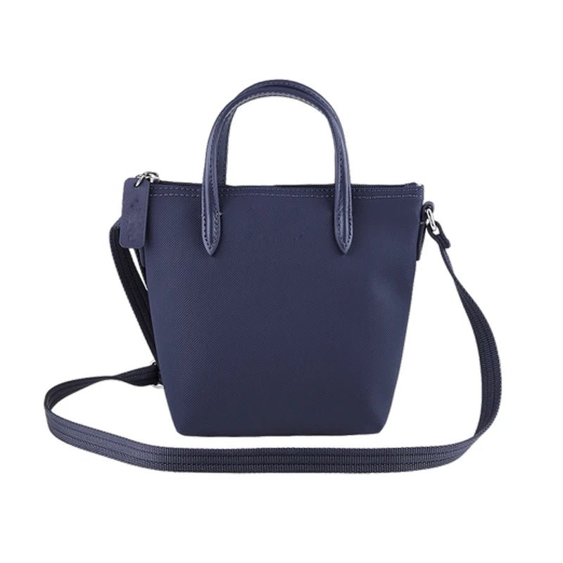 Navy mini crossbody bag with dual top handles, front view