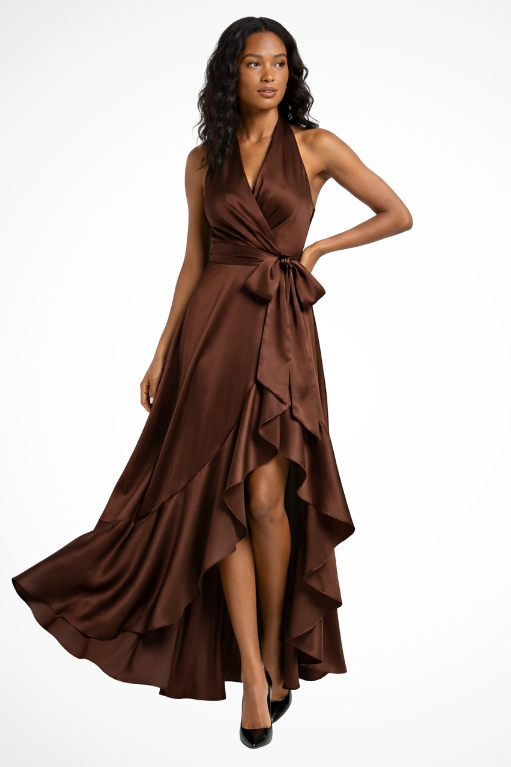 Back view of dress showing halter tie and draping