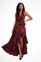 Front slit detail on satin maxi dress