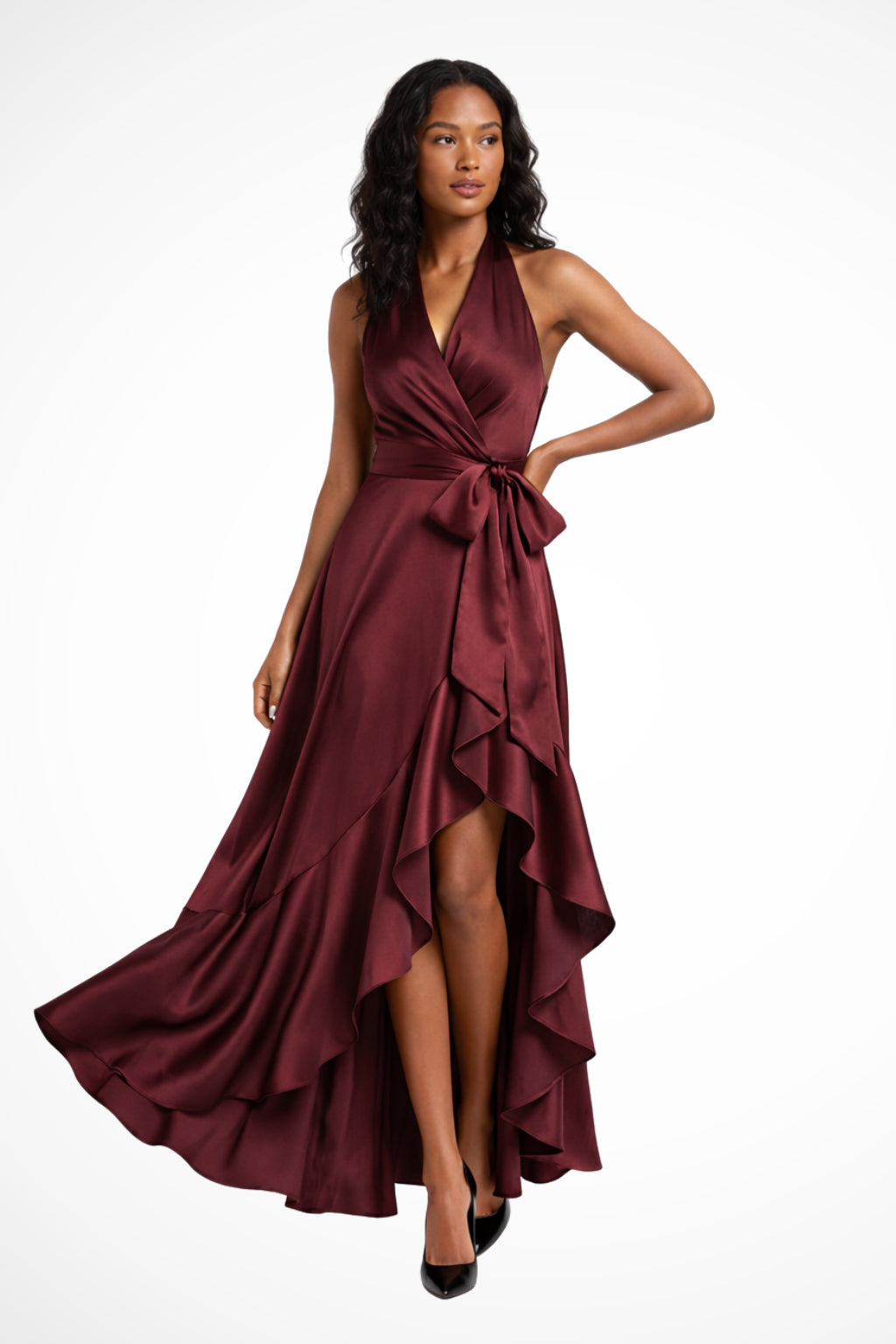 Front slit detail on satin maxi dress