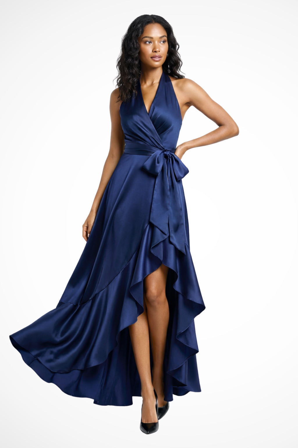 Full-length satin halter neck wrap maxi dress with tie waist detail