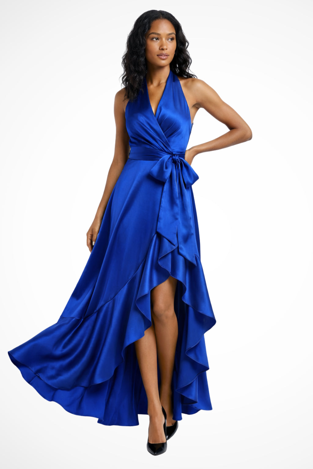 Close-up of wrap bodice and statement tie waist detail