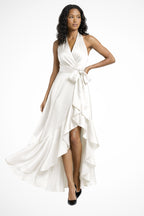 Detail shot of asymmetric ruffled hem and front slit