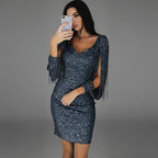 Women's sequin bodycon mini dress with fringe sleeves, front view