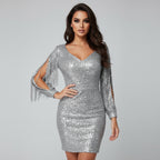 Side angle of sequin dress highlighting V-neckline