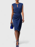 Navy sleeveless midi dress with ruched waist, front view on model