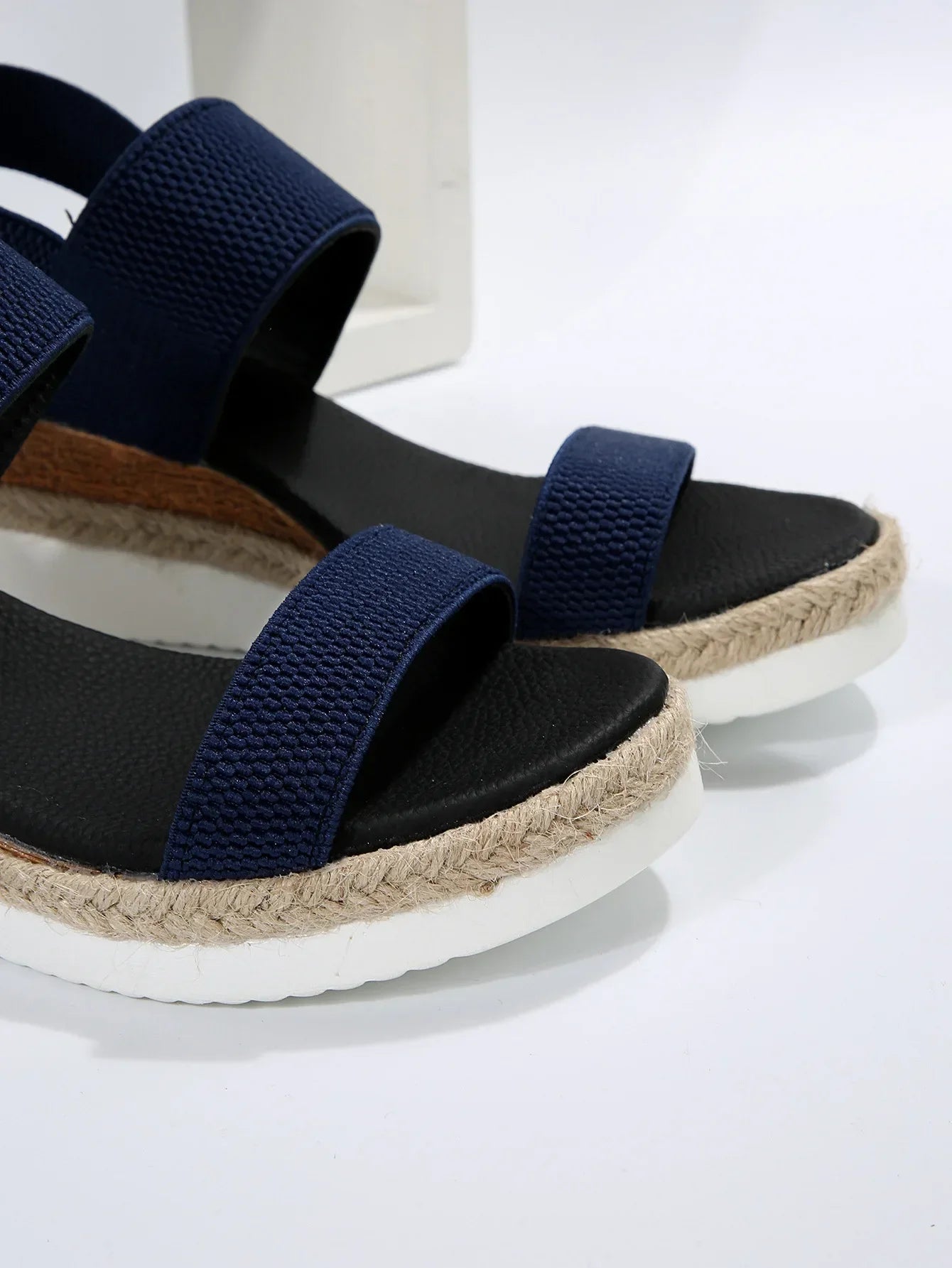 Back view of platform sandals displaying strap construction