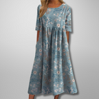 Back view of floral midi dress with 3/4 sleeve detail