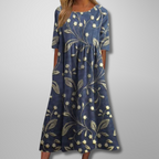 Women's navy floral midi dress with 3/4 sleeves, front view