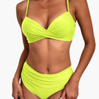Women's cross front push-up bikini set displayed flat on white background