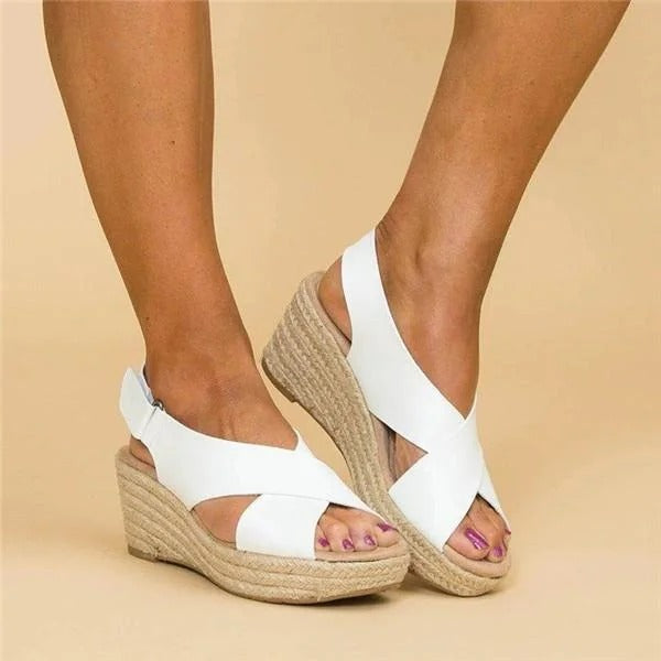 Close-up of soft leather upper and adjustable cross straps