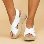 Side profile of espadrille wedge sandal showing height and strap detail