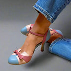Pastel colour block mid heel pump with bow strap detail, side view