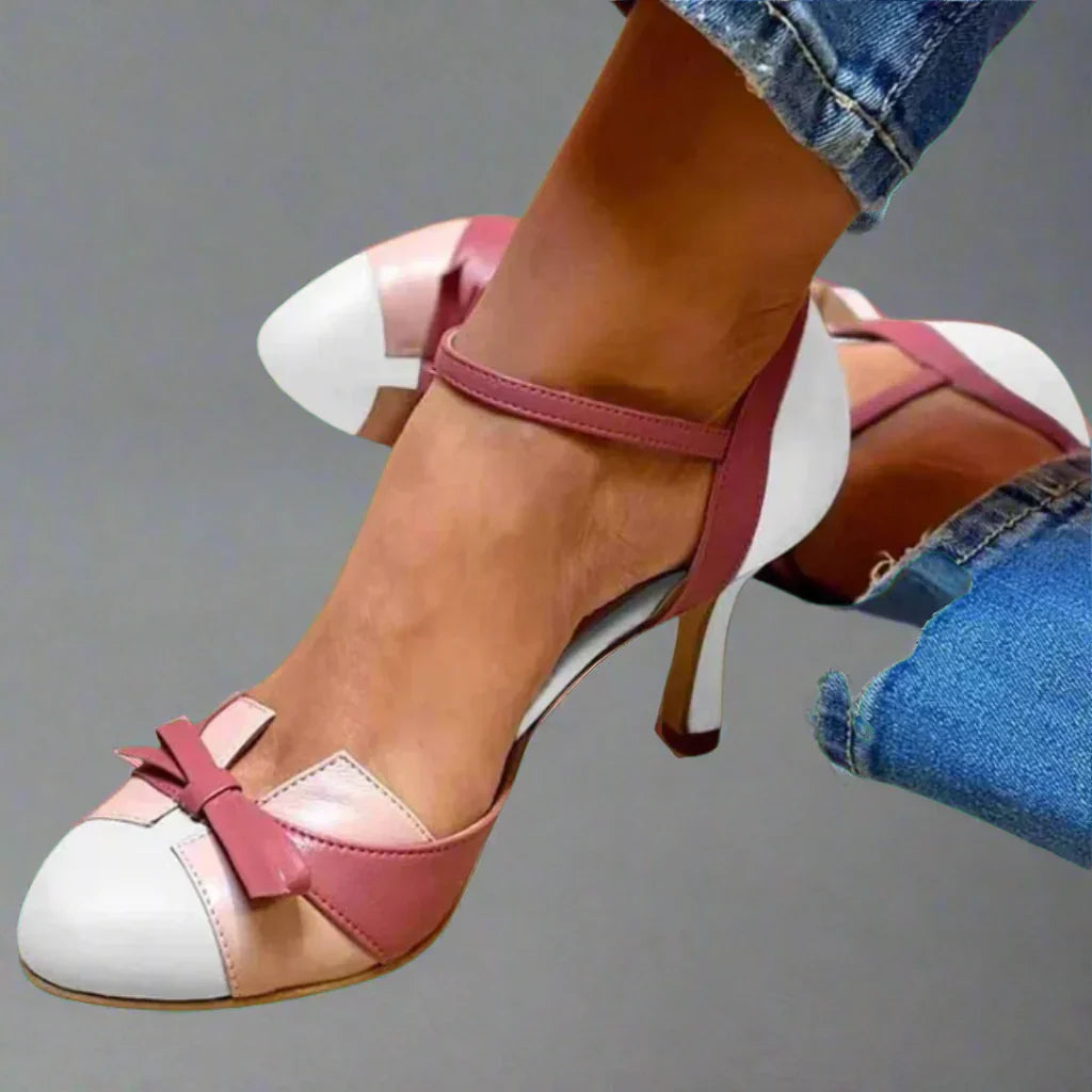 Close-up of delicate bow strap and colour block design on vamp