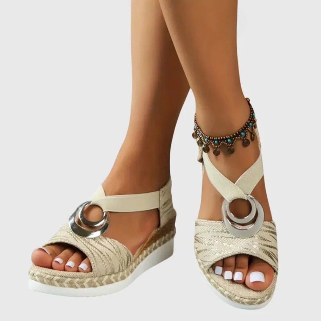 Detail shot of cushioned footbed inside espadrille sandal