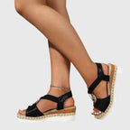 Overhead view of sandal showing textured upper and platform sole