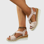 Women's buckle espadrille wedge sandals on white background