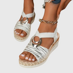 Back view of sandal showing heel height and wedge construction