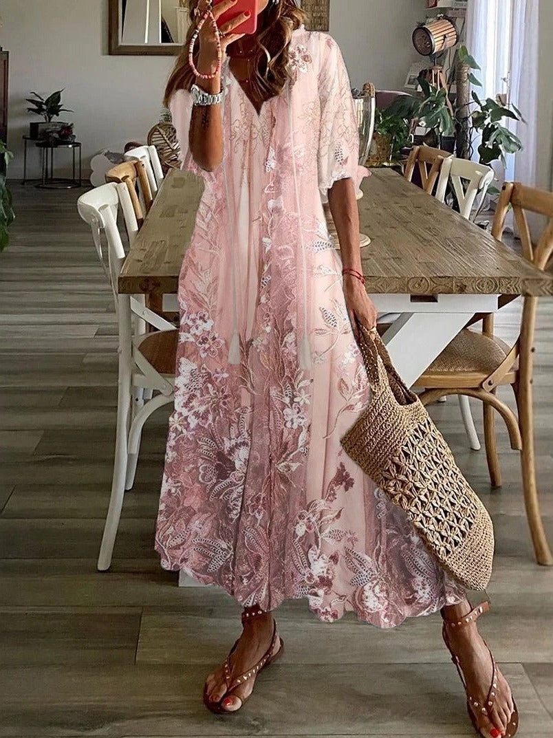 Pink floral lace maxi dress with V-neckline and half sleeves, full-length front view