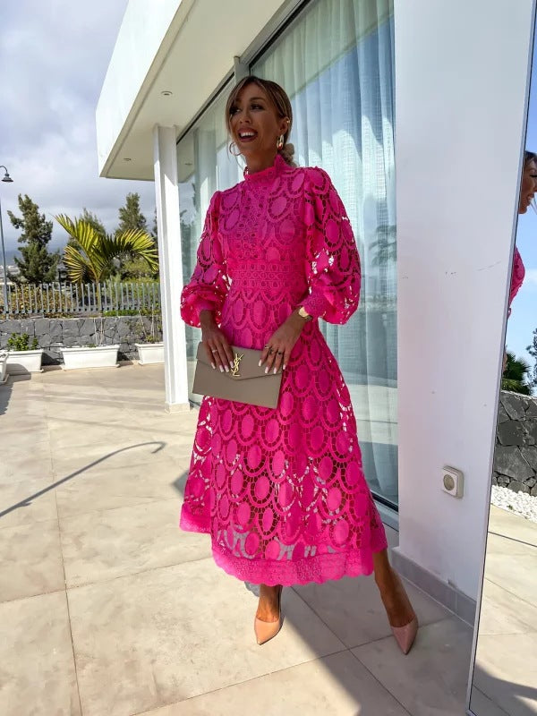 Front view showing lace neckline and sophisticated silhouette
