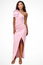 Pink one shoulder maxi dress with bow detail, full length front view
