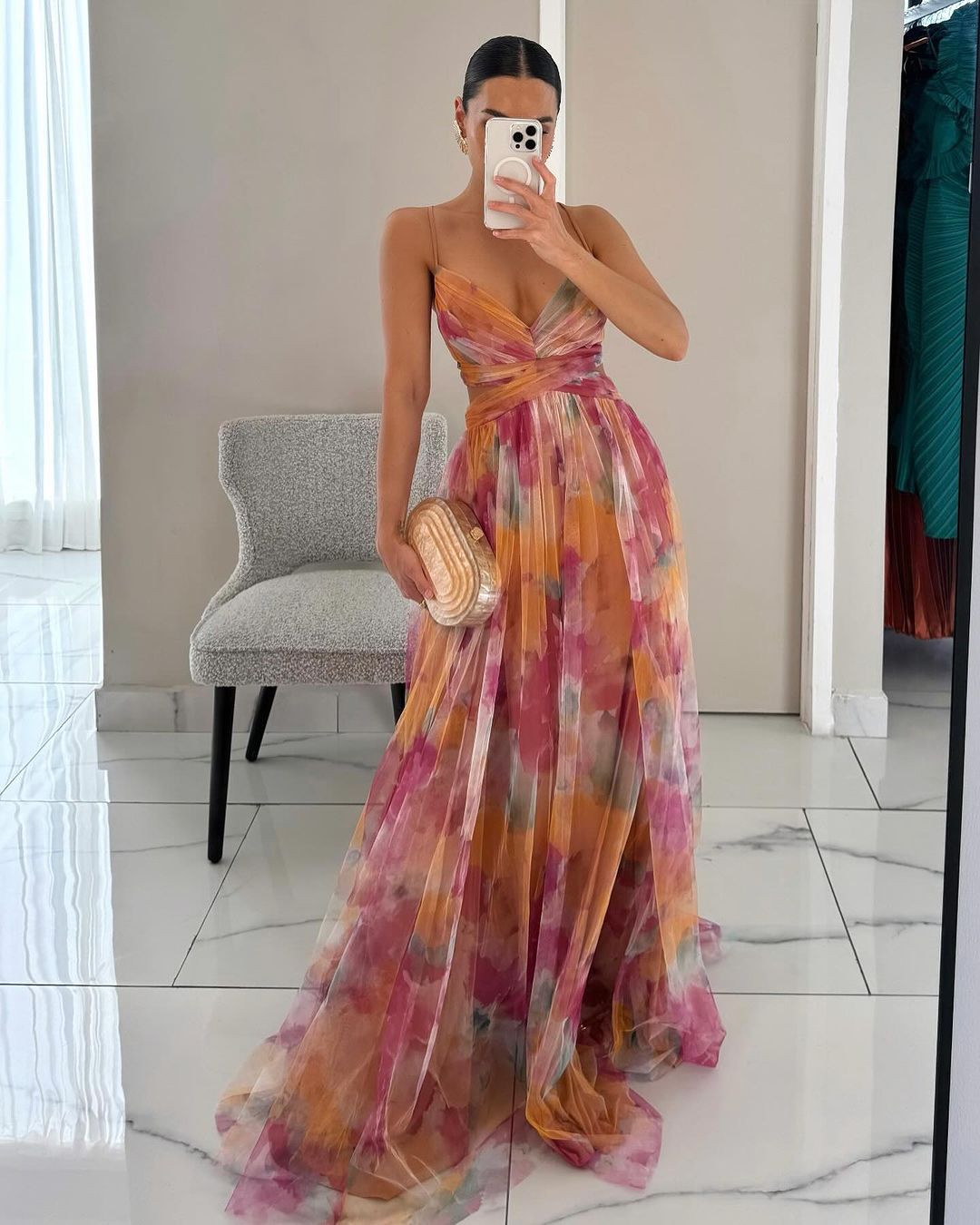 Women's floral wrap maxi dress in pink and orange watercolour print, full length view