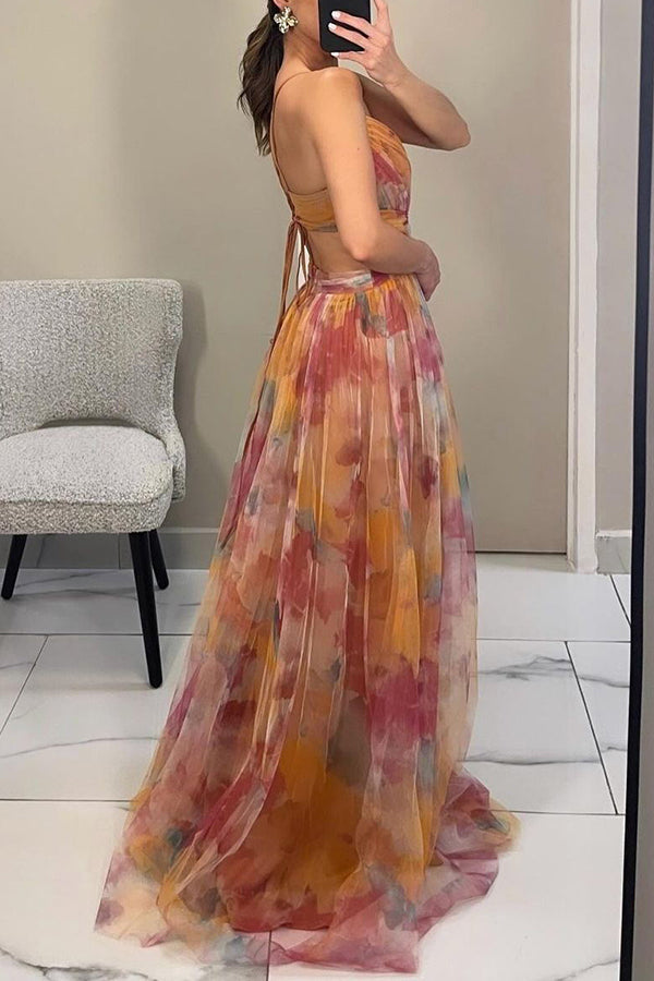 Close-up of wrap-style bodice and adjustable strap detail on maxi dress