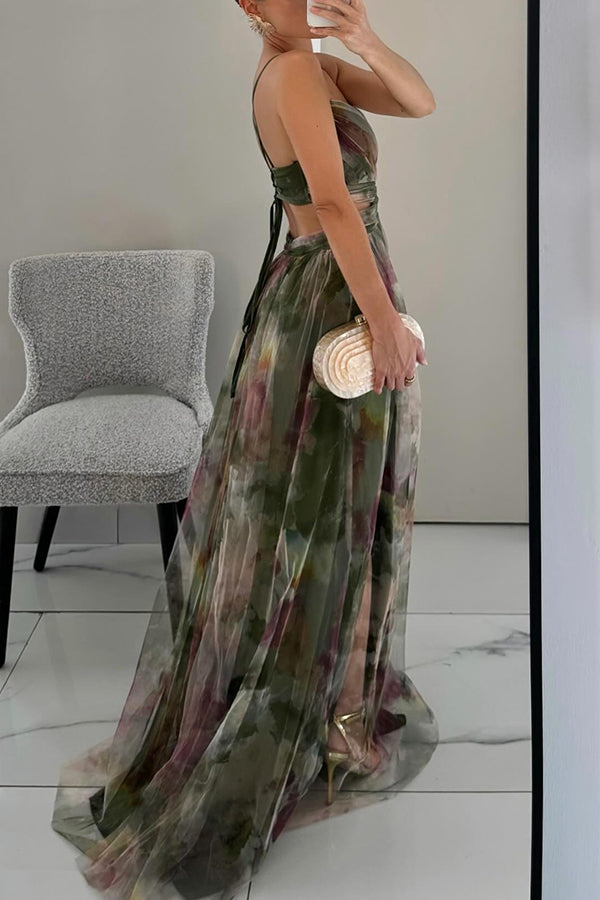 Maxi dress on model, three-quarter angle showing dress silhouette and length