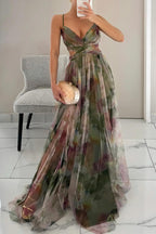 Overhead flat lay view of entire floral maxi dress laid out