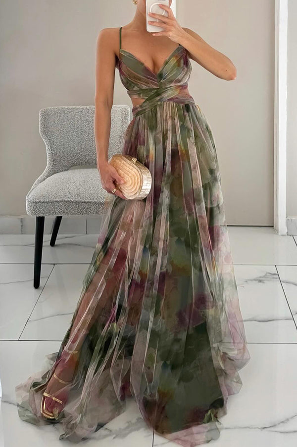 Overhead flat lay view of entire floral maxi dress laid out