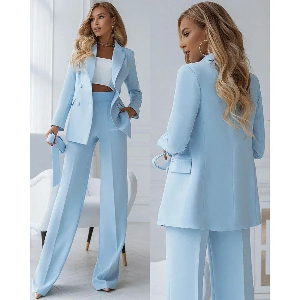Back view of powder blue suit set showing trouser fit and silhouette