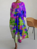 Women's abstract maxi dress with multicolour brushstroke print, front view