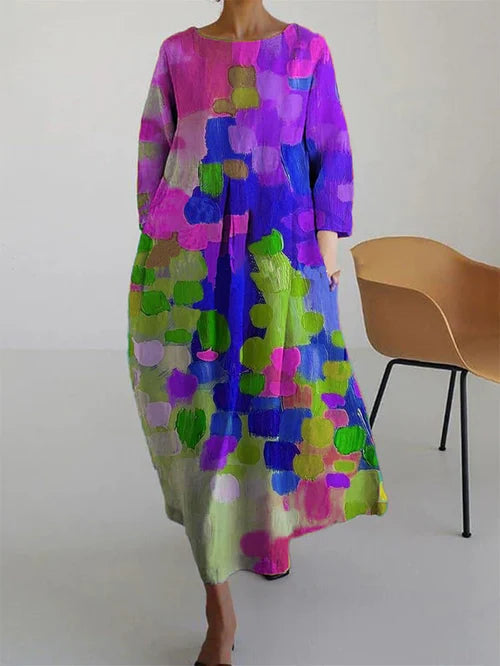 Women's abstract maxi dress with multicolour brushstroke print, front view