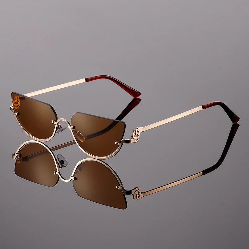 Women's Gold Frame Rimless Cat Eye Sunglasses