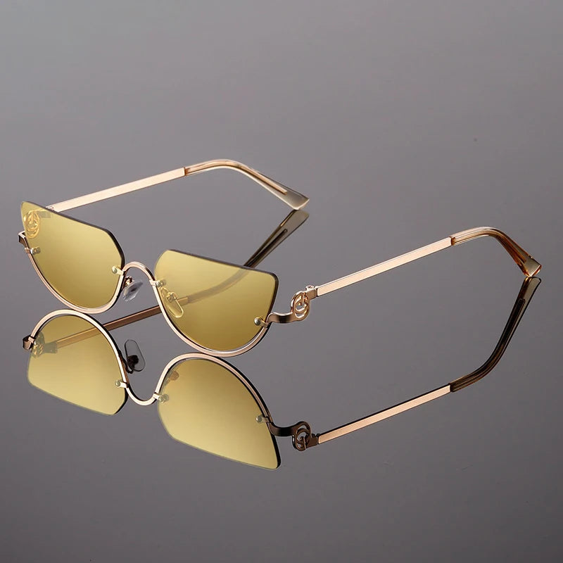 Women's Gold Frame Rimless Cat Eye Sunglasses