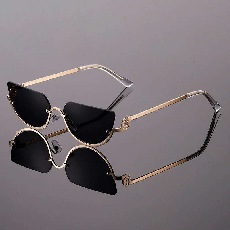 Women's Gold Frame Rimless Cat Eye Sunglasses