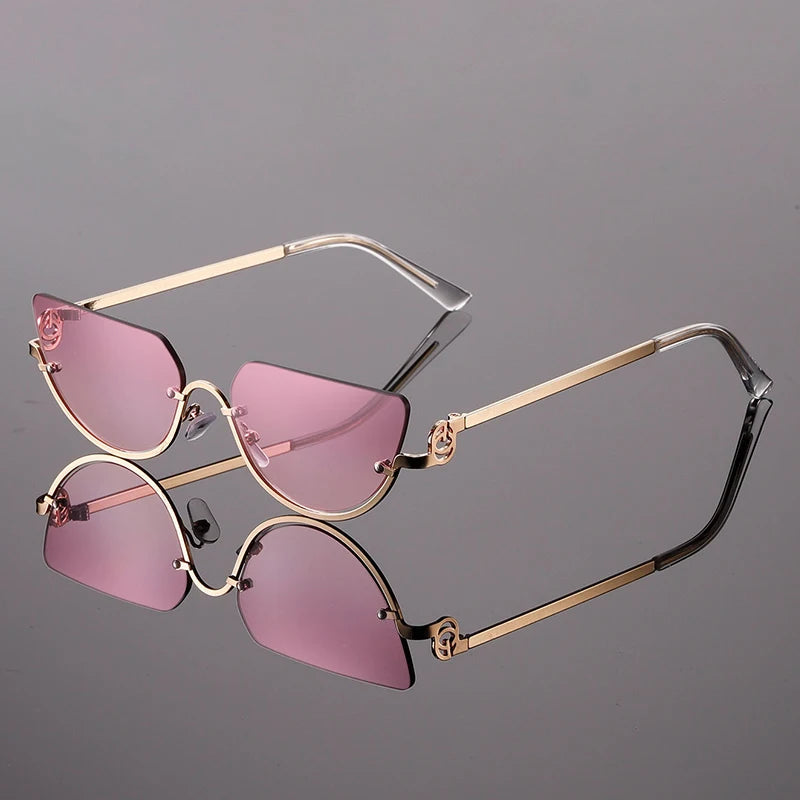 Women's Gold Frame Rimless Cat Eye Sunglasses