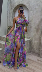 Women's floral one shoulder maxi dress on model, full length view