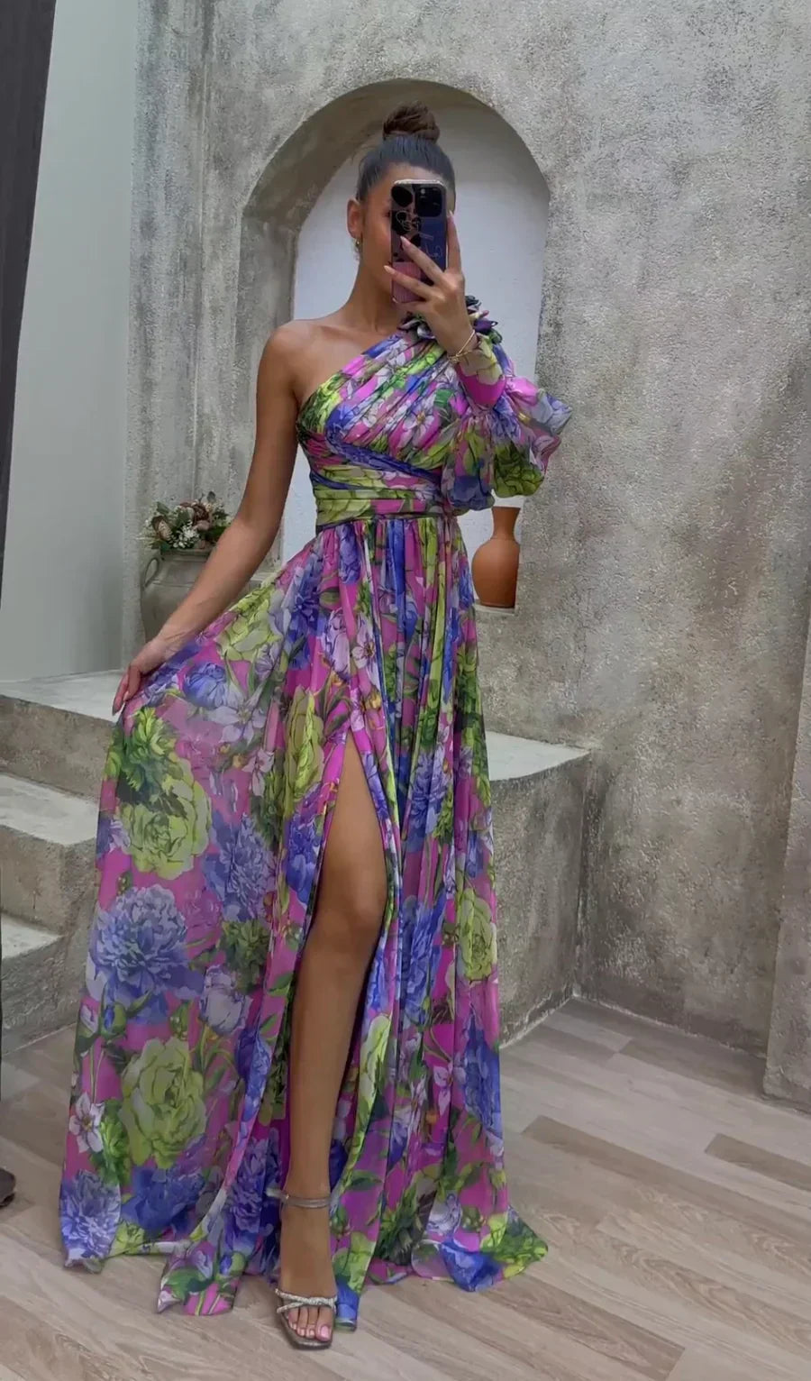 Women's floral one shoulder maxi dress on model, full length view