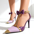 Model wearing lavender satin heels, standing pose