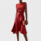 Women's asymmetric drape sleeveless midi dress full length front view