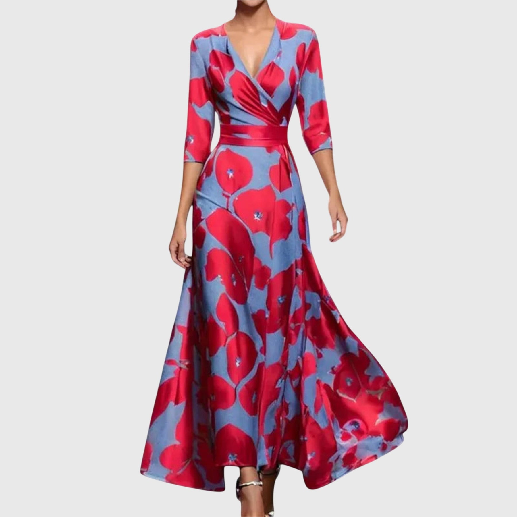 Women's floral satin maxi dress with wrap front bodice, full length view