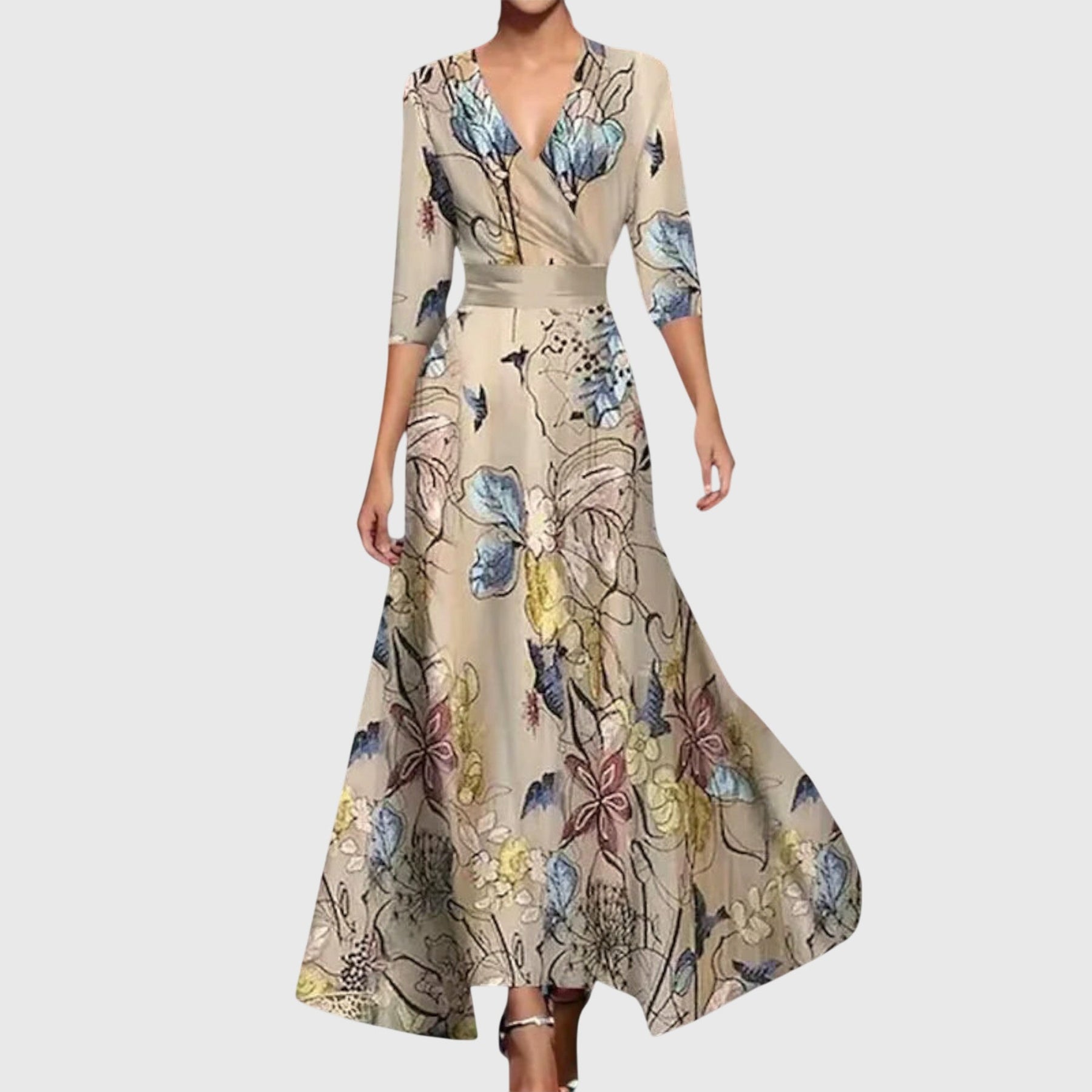 Close-up of red and blue floral print and wrap front neckline