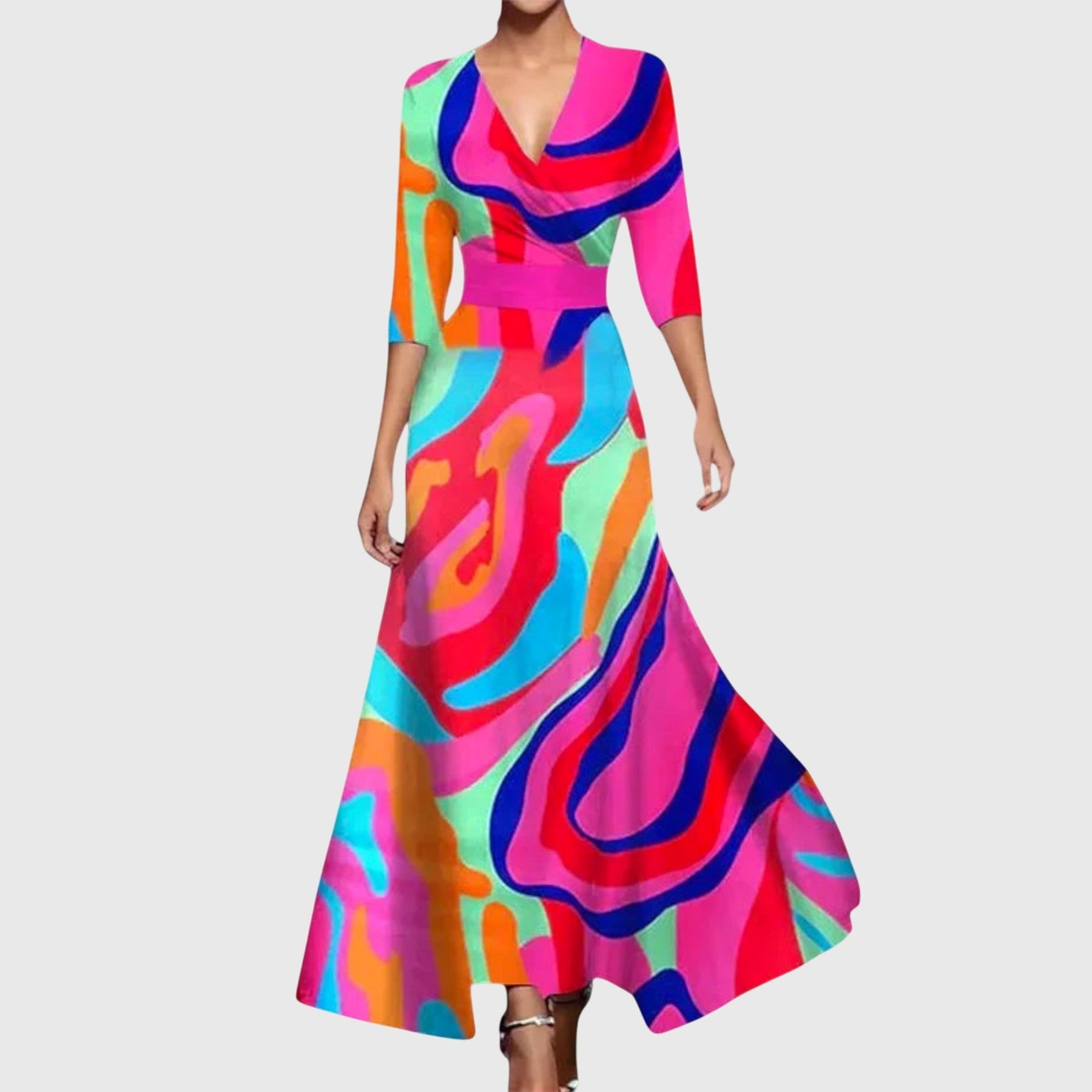 Detail shot of fabric texture and vibrant floral pattern on dress