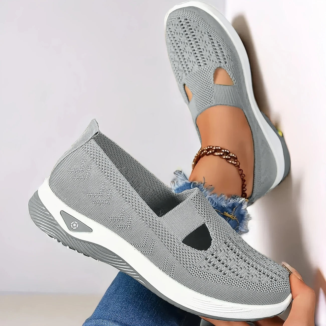 Close-up of breathable mesh knit upper and cutout design detail