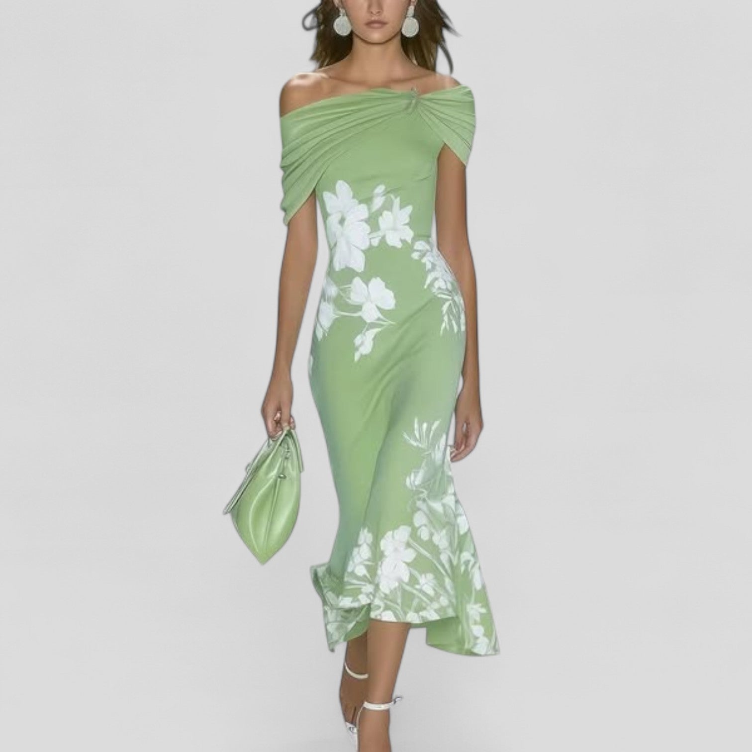 Sage green maxi dress with white floral print and off-shoulder neckline, full length view