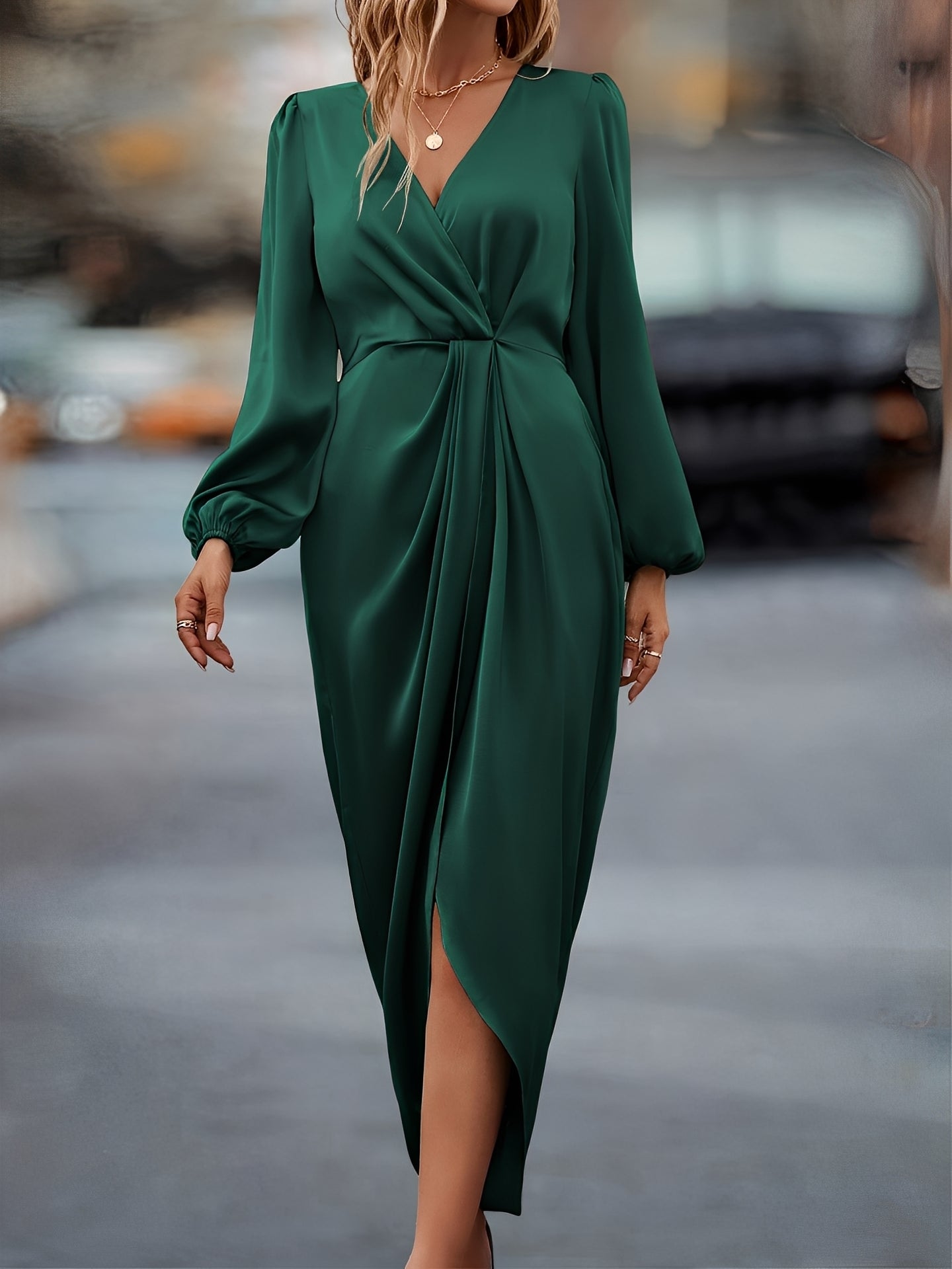 Women's Sage Green Satin Long Sleeve Wrap Midi Dress