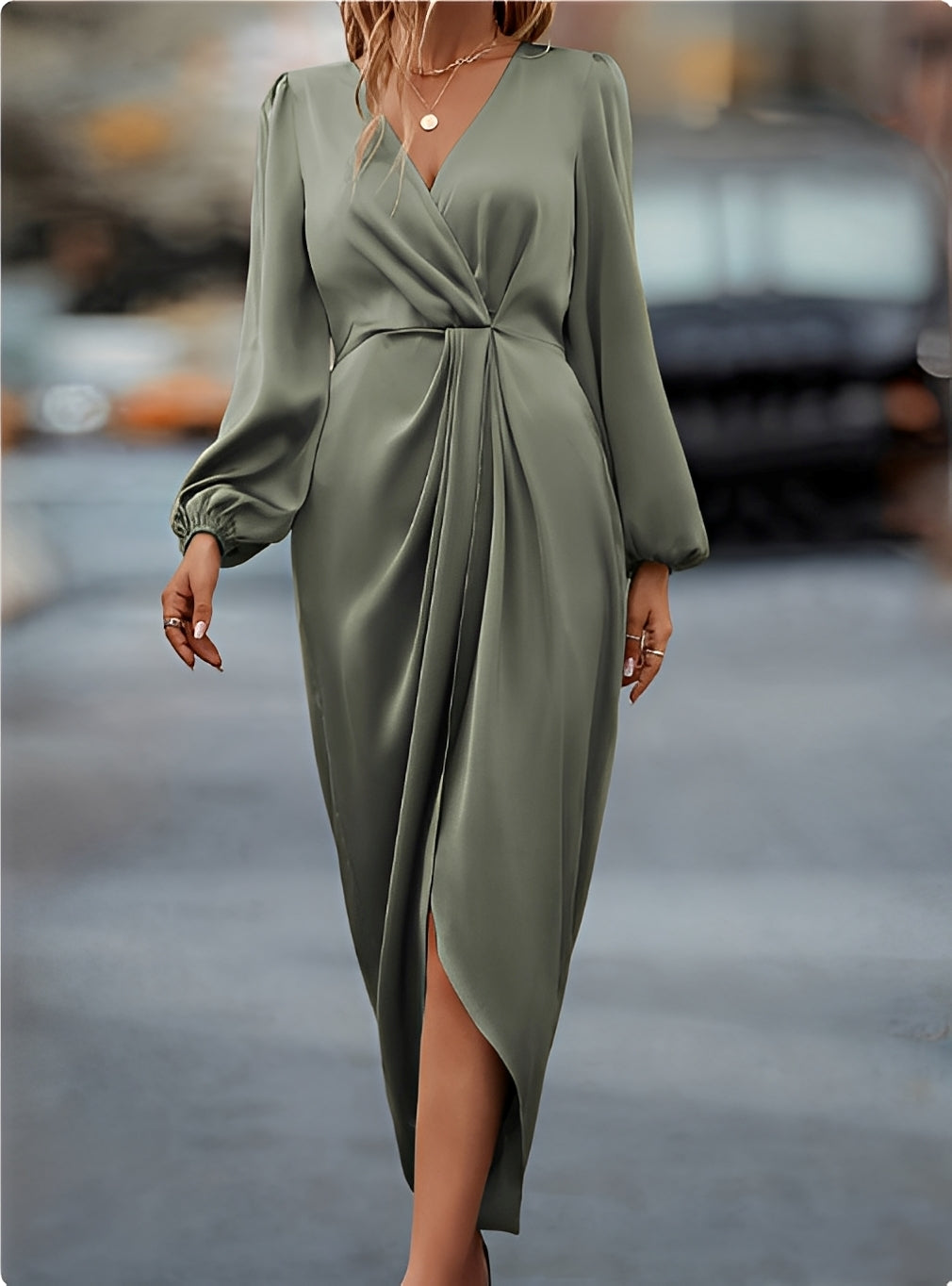 Women's Sage Green Satin Long Sleeve Wrap Midi Dress